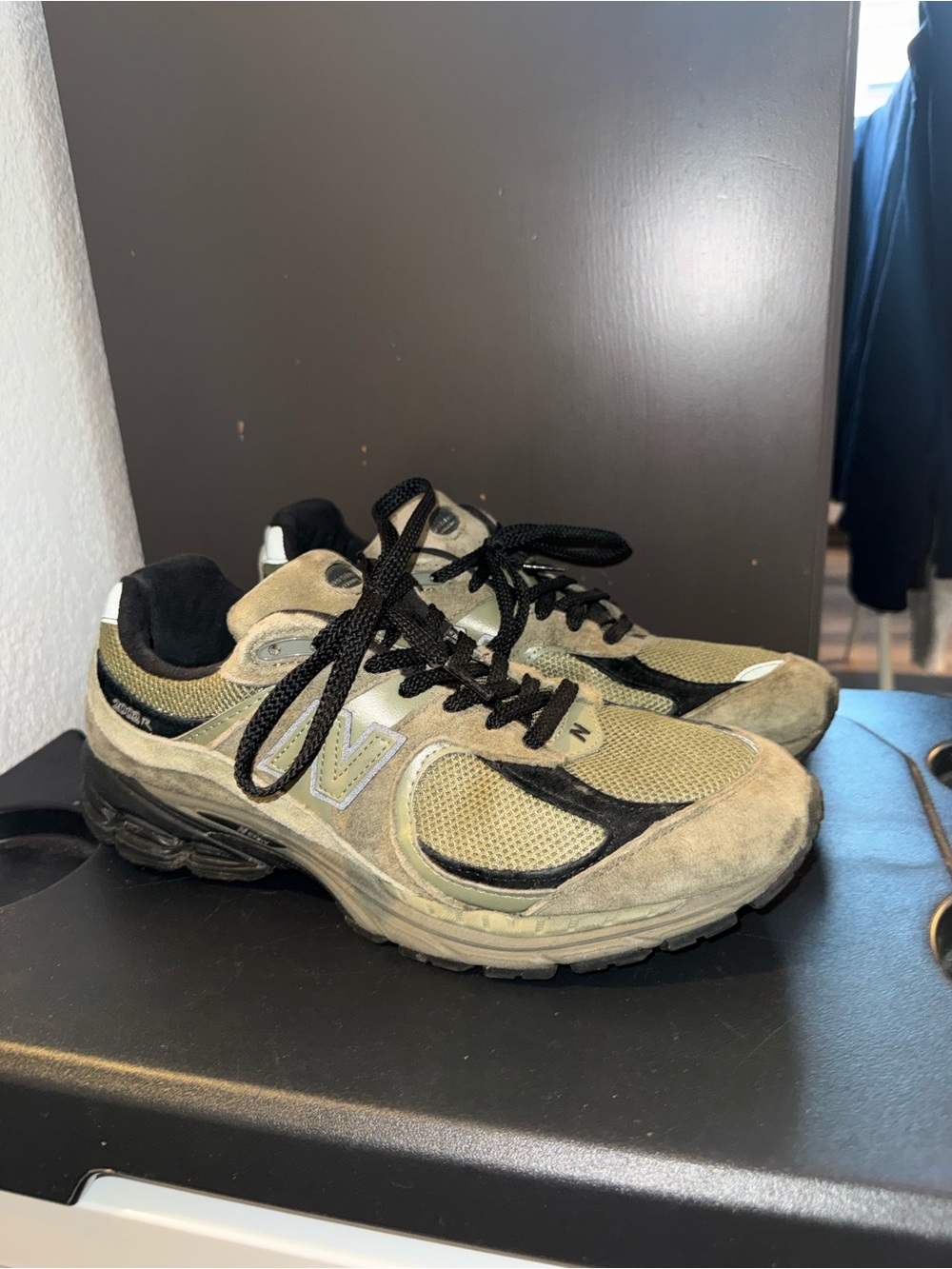 New Balance Olive and Black Mesh Suede Sneakers